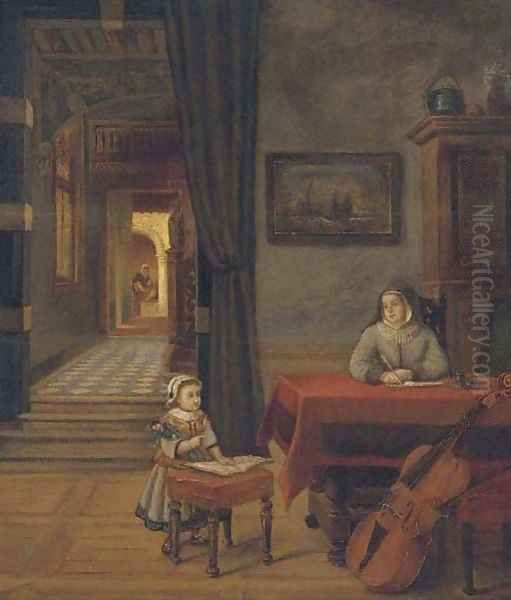 A mother and child in an interior Oil Painting by Pieter De Hooch