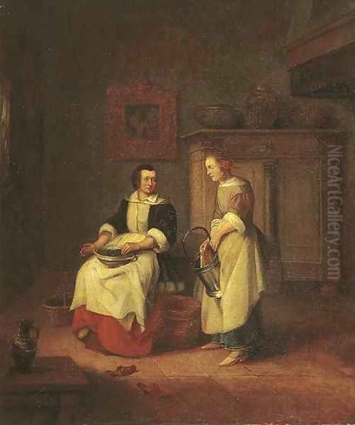 An interior with a woman and her maid Oil Painting by Pieter De Hooch