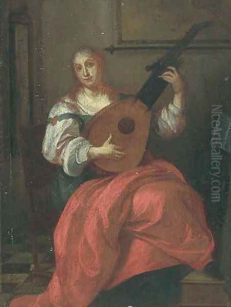 A lady playing a lute in an interior by Pieter De Hooch