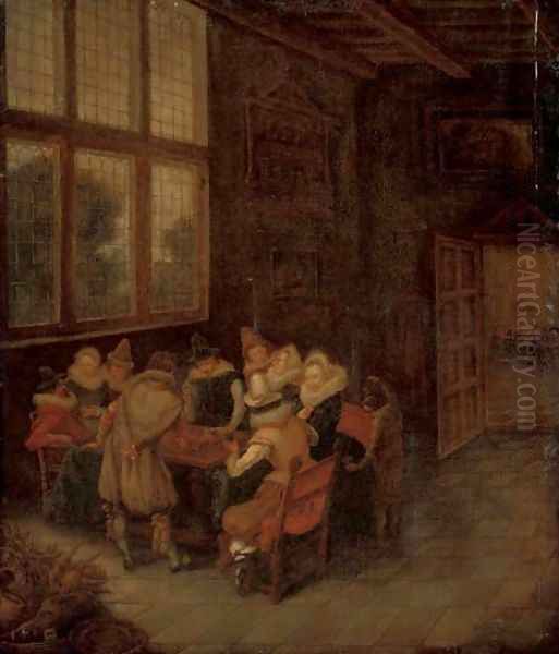 Elegant company conversing at a table in an interior Oil Painting by Pieter De Hooch