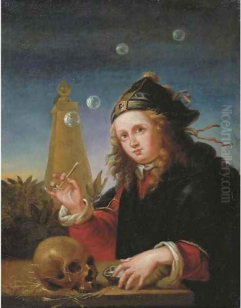 A young boy blowing soap bubbles Oil Painting by Reinier De La Haye