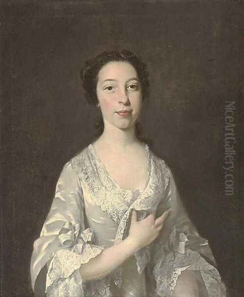 Portrait of a lady, half-length, in an oyster satin dress with lace trim, pearls in her hair Oil Painting by Thomas Hudson