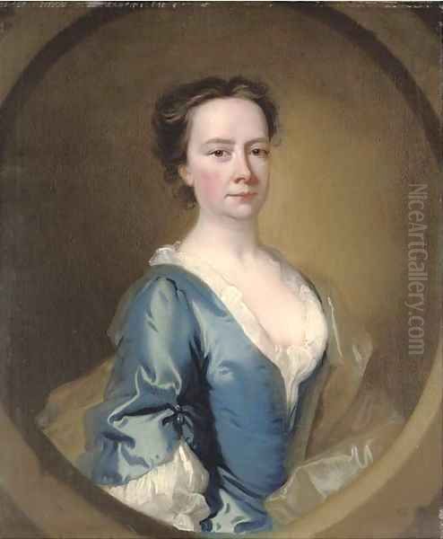 Portrait of a lady, half-length, in a blue dress and white chemise, feigned oval Oil Painting by Thomas Hudson