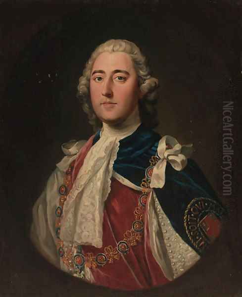 Portrait of a gentleman, quarter-length, in Garter robes, feigned oval Oil Painting by Thomas Hudson