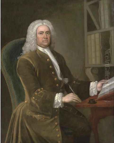 Portrait of a gentleman, seated three-quarter-length, in a green coat, holding a quill in his right hand, a book in his left Oil Painting by Thomas Hudson