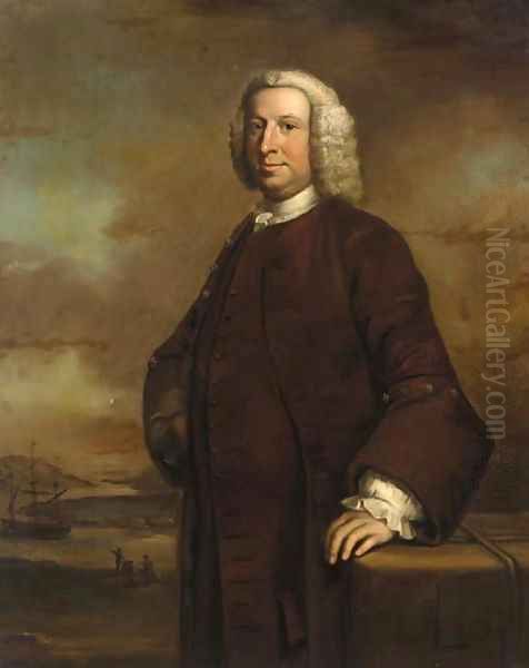 Portrait of a gentleman, standing three-quarter-length, in a brown coat and waistcoat, in a river landscape with a ship beyond Oil Painting by Thomas Hudson