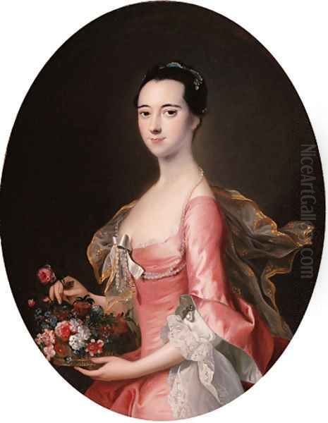 Portrait of a lady, three-quarter-length, in a pink dress, holding a basket of flowers Oil Painting by Thomas Hudson