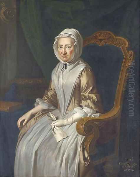 Portrait of Elizabeth, Countess Dowager of Aylesford, seated three-quarter-length, in a beige and white dress and a white headscarf, in an interior Oil Painting by Thomas Hudson