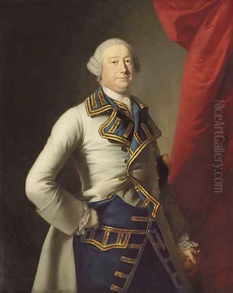 Portrait of John Rolle Walter, three-quarter-length, in a blue-lined coat with gold trimming and a blue and gold waistcoat, beside a curtain Oil Painting by Thomas Hudson