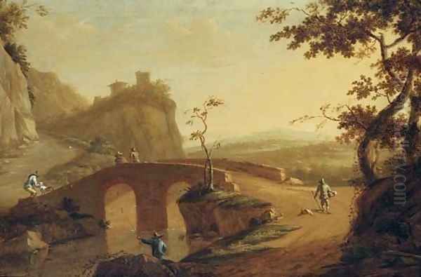 A landscape with travellers crossing a bridge, a hilltop house beyond Oil Painting by Willem de Heusch