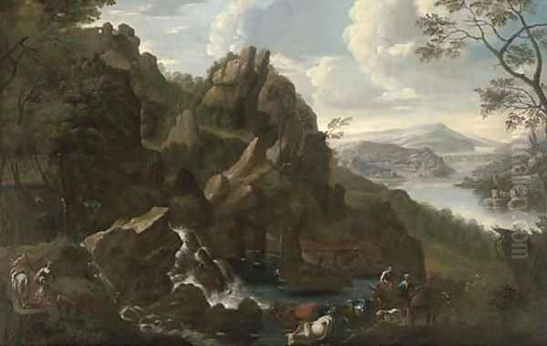 An extensive mountainous landscape with travellers and their cattle by a waterfall Oil Painting by Willem de Heusch