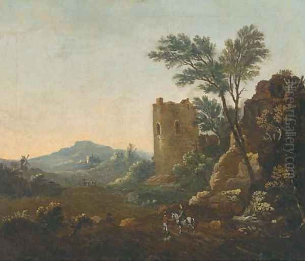 An Italianate landscape with travellers on a track, a ruined castle beyond Oil Painting by Willem de Heusch