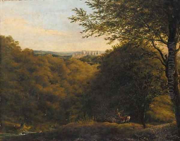 Deers in a wooded landscape, a hilltop castle beyond Oil Painting by William Havell