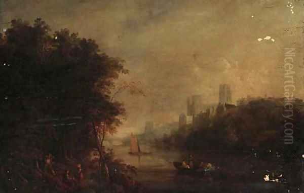 Loggers on the banks of the Wear, Durham Cathedral beyond Oil Painting by William Havell