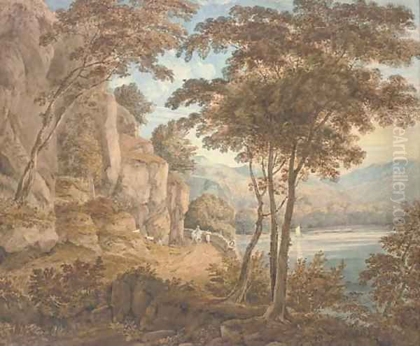 Travellers on a road by a lake, mountains beyond Oil Painting by William Havell