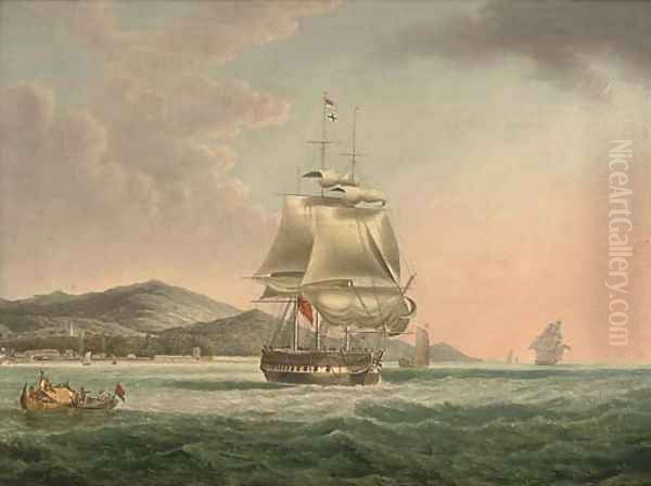 A frigate setting sail off Penang Oil Painting by William Huggins