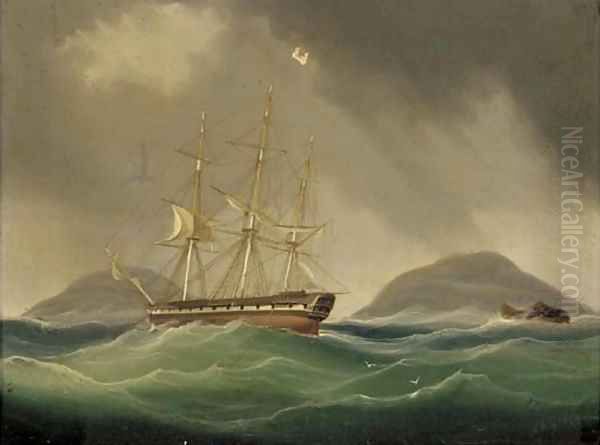 A frigate hove-to and riding her anchors in a gale Oil Painting by William John Huggin