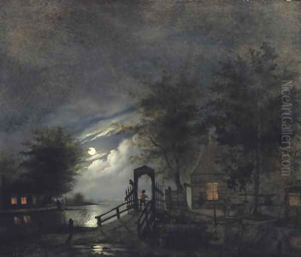 A moonlit river landscape Oil Painting by Bernardus Hagedoorn