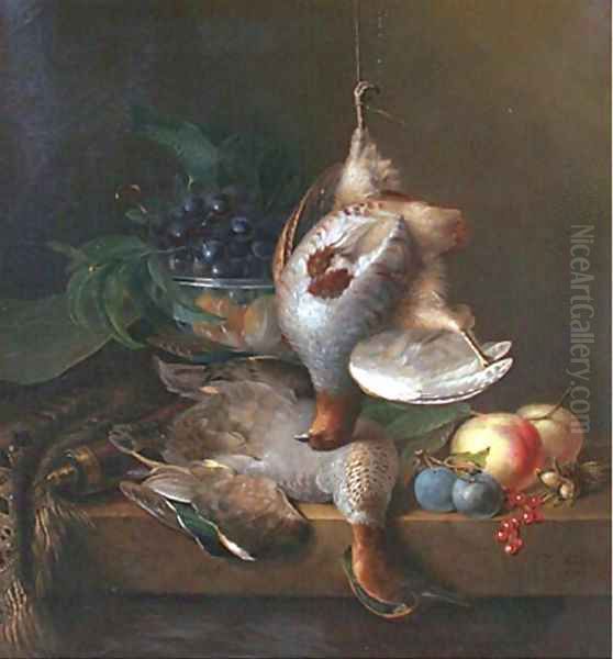 Still life with a partridge, a duck and fruit Oil Painting by Frans Van Heukelom