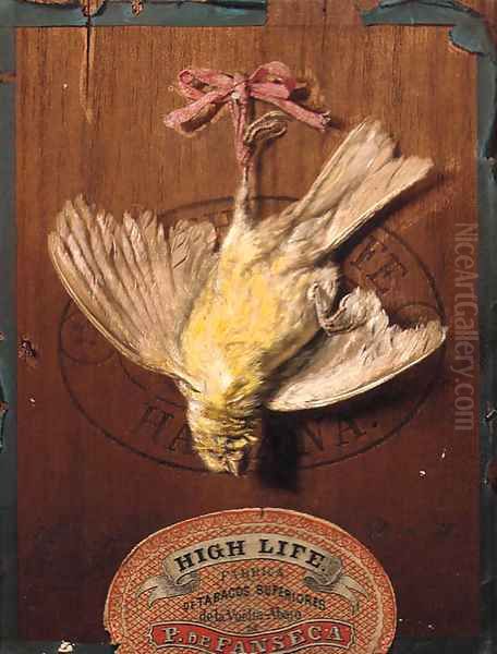 A hanging bird on the lid of a cigar box a trompe-l'oeil Oil Painting by Friedrich Heimerdinger