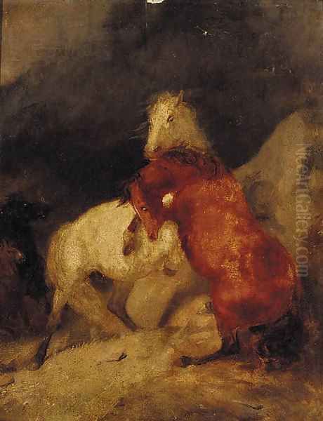 Horses fighting Oil Painting by Charles Hancock