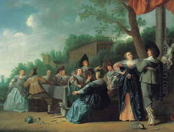 Elegant company feasting in an ornamental garden, a palace beyond Oil Painting by Dirck Hals