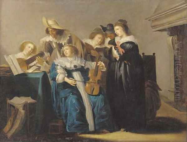 An elegant company making music in an interior Oil Painting by Dirck Hals