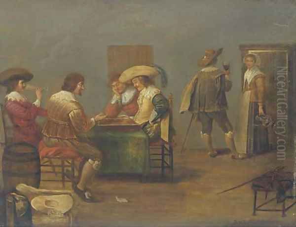 Guardsmen playing tric-trac and drinking in an inn Oil Painting by Dirck Hals