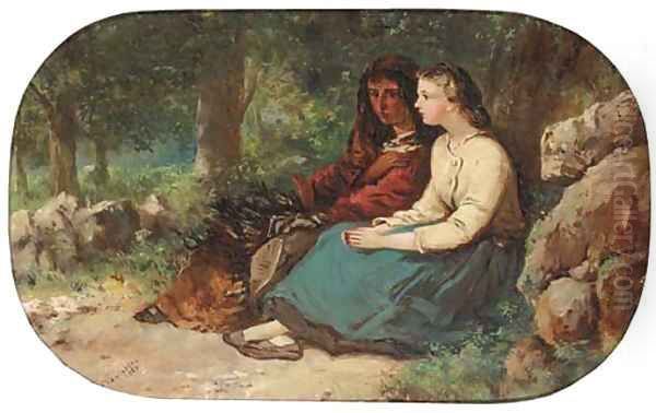 Faggot gatherers chatting in the woods Oil Painting by Frances Anne Hopkins