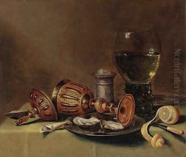 A roemer, an overturned goblet, oysters on a pewter plate Oil Painting by Gerrit Willemsz. Heda