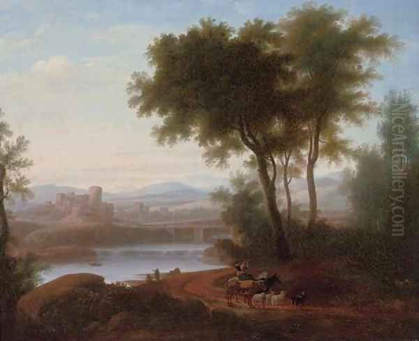 An Italianate river landscape with a drover playing a flute, his cattle on a track, a fisherman beyond Oil Painting by Jacob Philipp Hackert