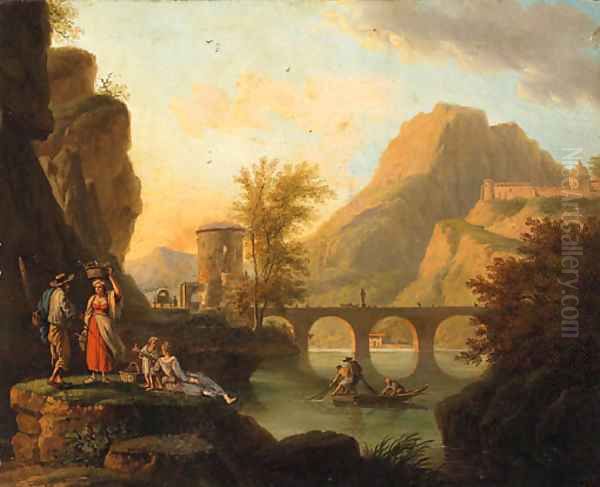 A mountainoius River Landscape with Fisherfolk conversing on a Bank, a Bridge beyond Oil Painting by Jacob Philipp Hackert