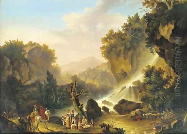 A river landscape with a waterfall, a drover and his cattle, washerwomen and travellers at halt Oil Painting by Jacob Philipp Hackert