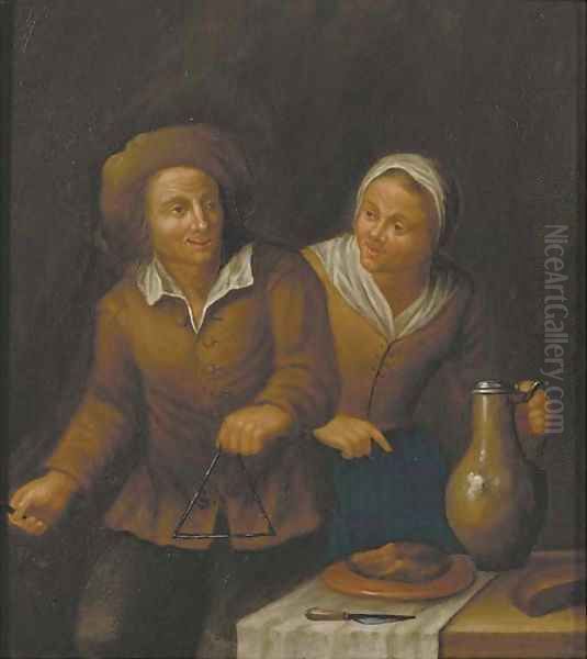 A peasant couple in an interior Oil Painting by Jan Jozef, the Younger Horemans