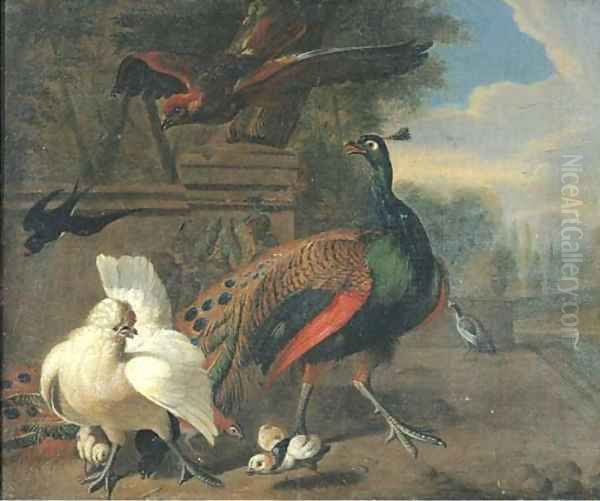 A peacock, a white hen and chickens Oil Painting by Melchior de Hondecoeter