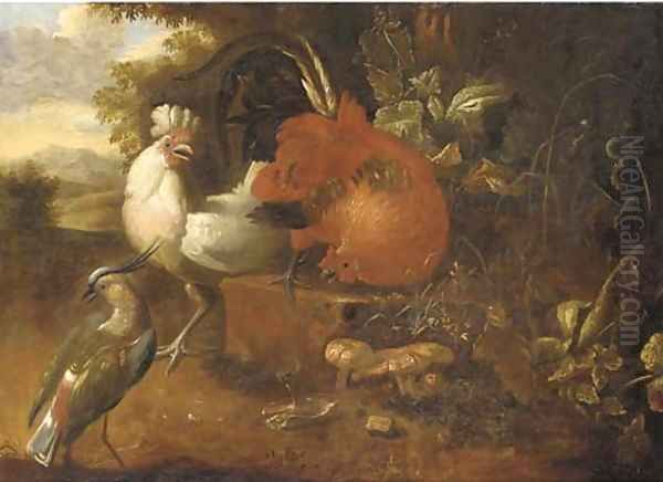 Cockerels on a stone block with a lapwing in a wooded landscape Oil Painting by Melchior de Hondecoeter