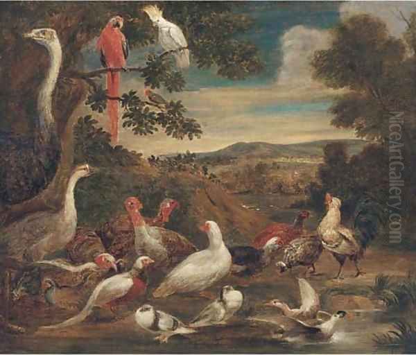 An ostrich, parrots, turkeys, woodcock, a pheasant and other birds in a landscape Oil Painting by Melchior de Hondecoeter