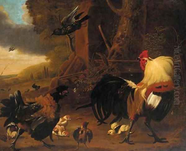 Two cockerels, chicks and other birds in a landscape Oil Painting by Melchior de Hondecoeter