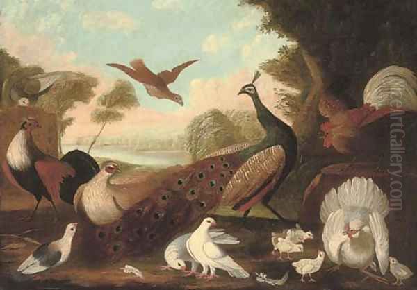 A peacock, a cockeral, a hen and her chicks, a grouse and other foul in a wooded river landscape Oil Painting by Melchior de Hondecoeter