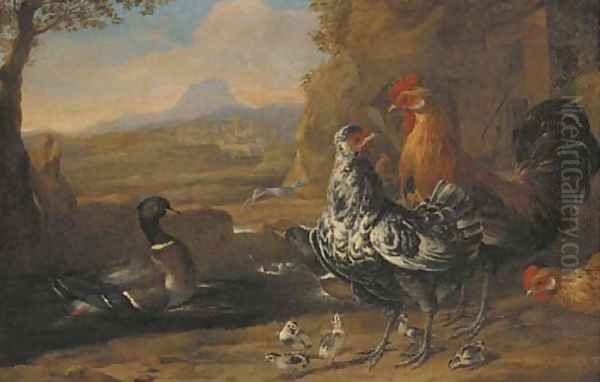 A turkey, roosters, ducks and goslings in a farmyard Oil Painting by Melchior de Hondecoeter