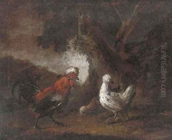 Foraging chickens Oil Painting by Melchior de Hondecoeter