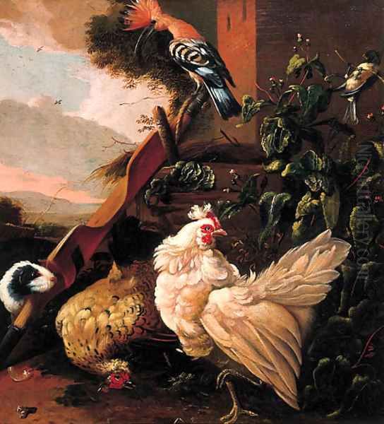 Poultry by a yoke and a well on a farmyard Oil Painting by Melchior de Hondecoeter