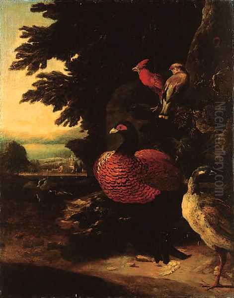 Poultry on a riverbank by a cliff, a landscape beyond Oil Painting by Melchior de Hondecoeter