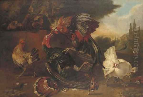 Turkeys and chickens in a landscape Oil Painting by Melchior de Hondecoeter