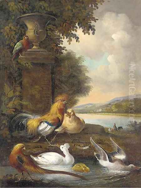 Cockerels, a hen, ducks, a pheasant, and a parakeet, in a river landscape Oil Painting by Melchior de Hondecoeter