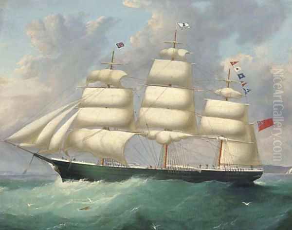 The full-rigged ship Duisburg flying her number at sea Oil Painting by Francis Hustwick