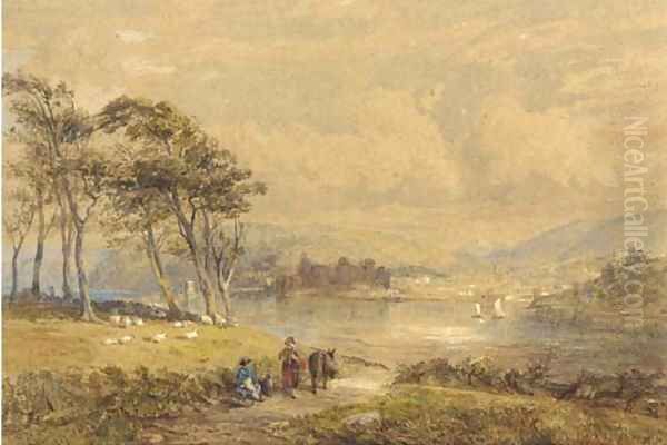 Figures resting beside a lake, a town in the distance Oil Painting by George Haynes