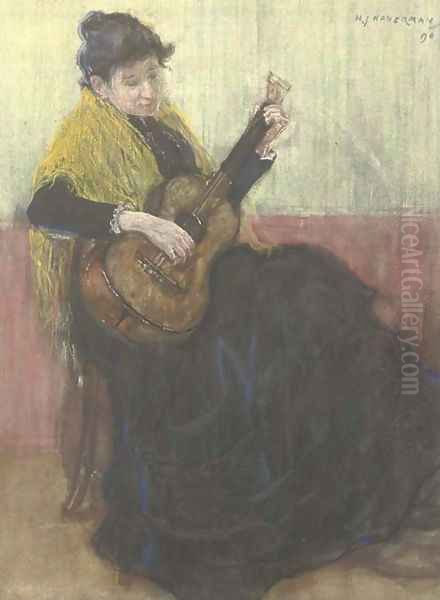 Playing the guitar Oil Painting by Hendrik Johannes Haverman