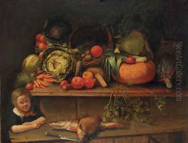 A boy standing by a kitchen still life Oil Painting by Jan Derk Huibers