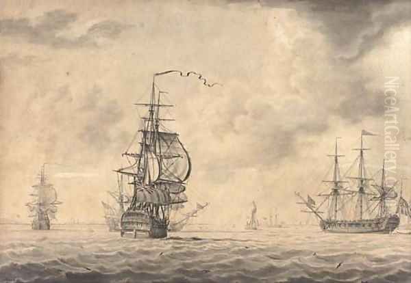 A man-o'war running into an offshore anchorage, possibly at Harwich Oil Painting by John Hood